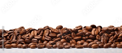 A white background is set up to showcase dark roasted coffee beans with empty space for text or images. with copy space image. Place for adding text or design