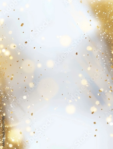 Sparkling gold dust and glitter create a magical winter atmosphere against a soft, snowy backdrop. The festive ambience evokes the spirit of holiday celebrations.