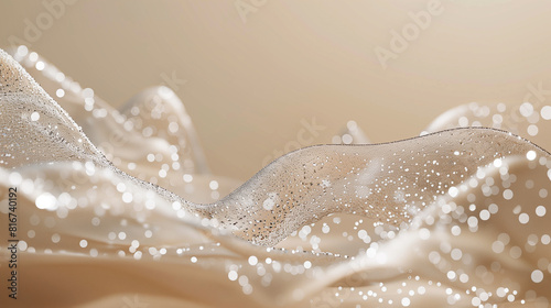 Elegant Fabric Waves with Sparkling Water Droplets on Beige Background