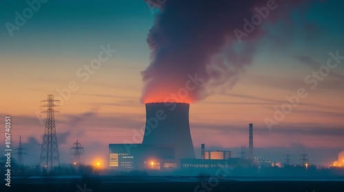  The photo shows a power plant with smoke coming out of the smokestack. The sky is orange and the sun is setting.