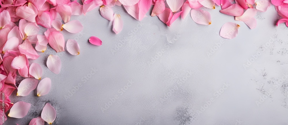 Top view of a greeting card or invitation mockup featuring peony petals on a concrete background with ample copy space for customization