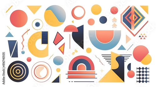 A set of abstract geometric shapes in a variety of colors. The shapes are arranged in a random order and overlap each other. The image has a modern and contemporary look and feel.