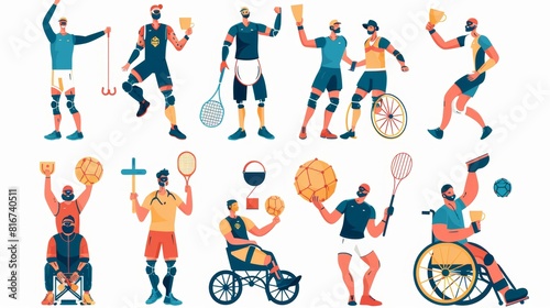 Athletic people with disabilities  various sportsmen with prosthesis and wheelchair. Sportsmen holding gold medals  cups  skipping ropes  rackets and balls.