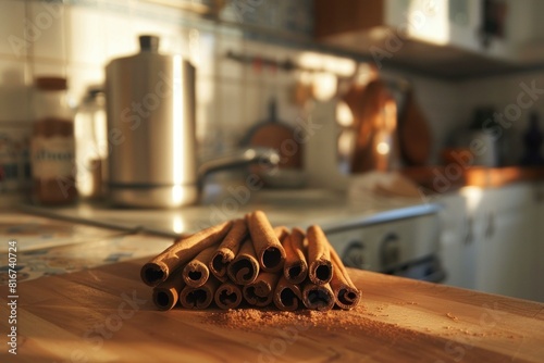 Cozy kitchen setting with sunlight illuminating a bundle of cinnamon sticks and scattered powder on a countertop photo