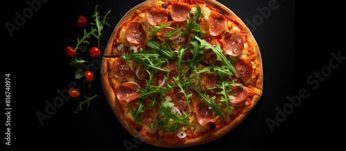 Top view of pepperoni pizza slices served with rocket salad on a black backdrop creating a visually appealing copy space image