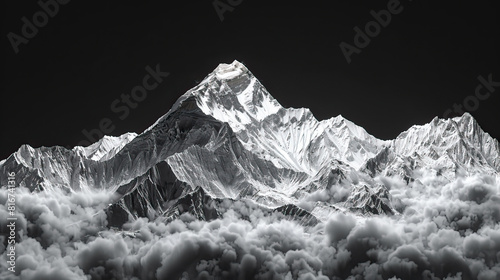 Technical visual mountain 3D LiDAR GIS aerial map  Mount Everest and Himalayas mountains scan isolated against dark black background. Mountainous  model  3D. Mapping  elevation  topography