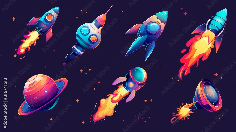 An illustration of colorful flying rocket with fire trail, astronomy ...