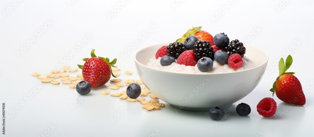 A simple breakfast features a bowl of oatmeal and berries beautifully presented with a white backdrop for a copy space image A simple breakfast features a bowl of oatmeal and berries beautifully presented with a white backdrop for a copy space image