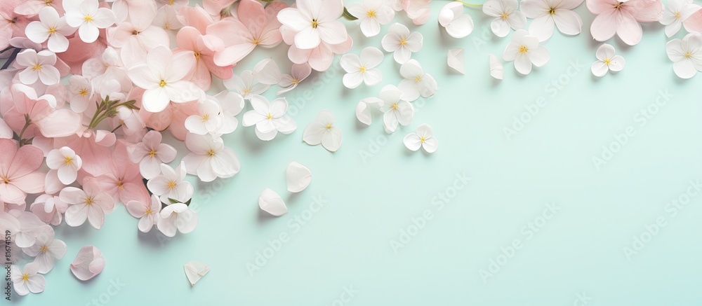 Valentine s Day and Women s Day copy space image with pink white and green flowers along with petals on a pastel vintage festive template background Valentine s Day and Women s Day copy space image with pink white and green flowers along with petals on a pastel vintage festive template background