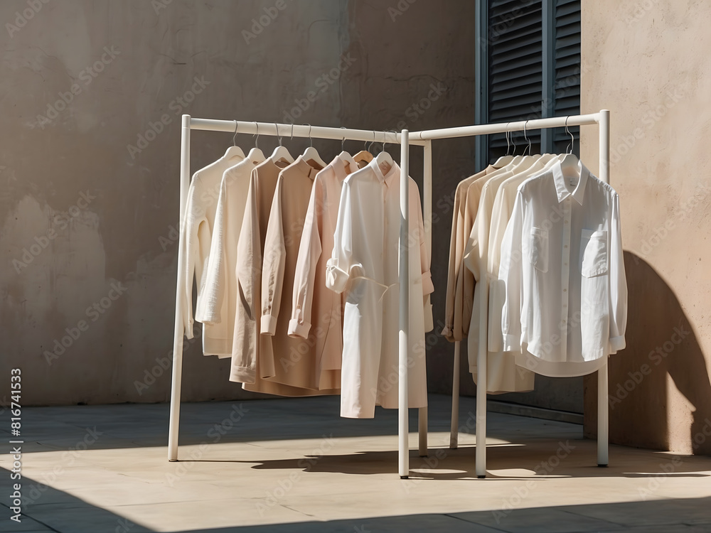 Creative minimalist lifestyle of pastel beige and white clothes hanging outdoors on a rack and chair suitable for social media shopping stores and studios Creative minimalist lifestyle of pastel beige and white clothes hanging outdoors on a rack and chair suitable for social media shopping stores and studios