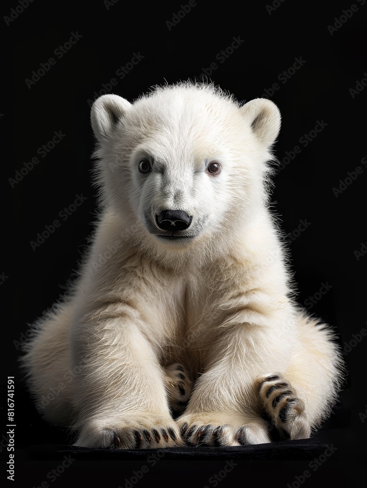 Fototapeta premium A polar bear cub sits against a dark background, its white fur glowing softly as it looks curiously towards the viewer, embodying vulnerability and the need for conservation..