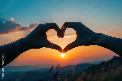 Silhouetted Hands Forming Heart in Sunset s Warm Embrace - Generative AI