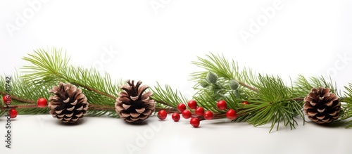 A Christmas themed composition showing a green branch with red berries and a pine cone against a white background providing ample copy space