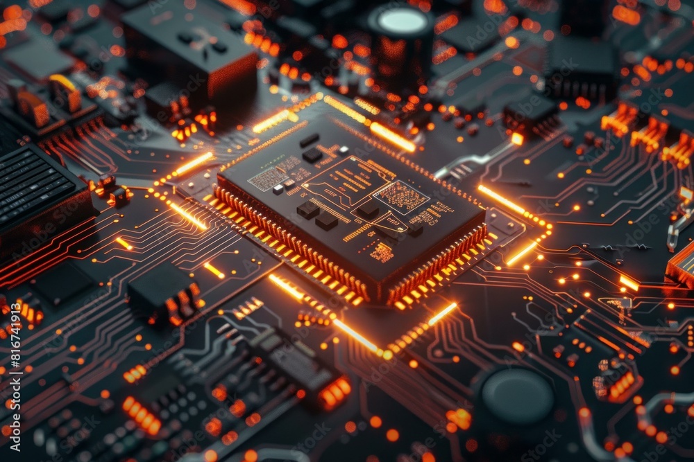 Closeup of a glowing microchip with orange illumination on an electronic circuit board Closeup of a glowing microchip with orange illumination on an electronic circuit board