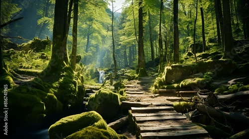 A serene forest path winding through moss-covered trees, enchanting atmosphere. photo