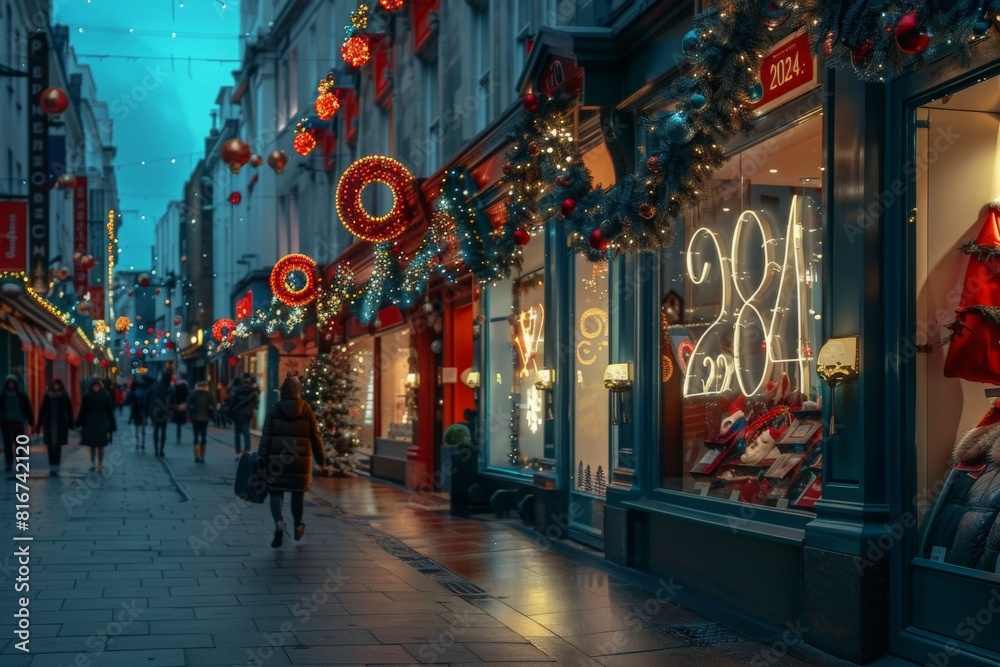 Fototapeta premium Festive Christmas lights glowing brightly on a street in Dublin, Ireland, creating a cheery and joyful atmosphere for passersby.