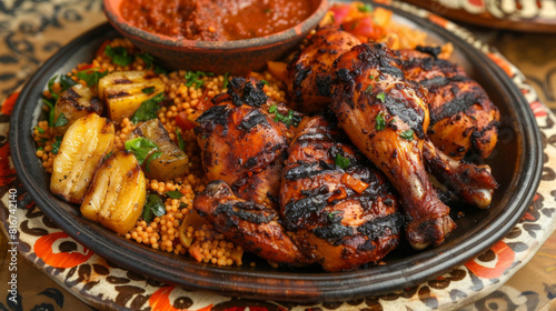 Delicious grilled chicken with couscous, plantains, and a zesty sauce, showcasing the bold tastes of african cuisine photo