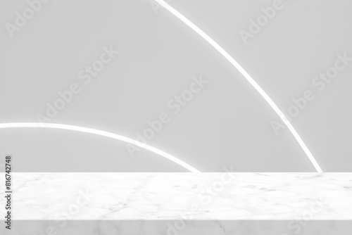 Marble Table with White Wall Texture Background with LED Strips, Suitable for Product Presentation Backdrop, Display, and Mock up.