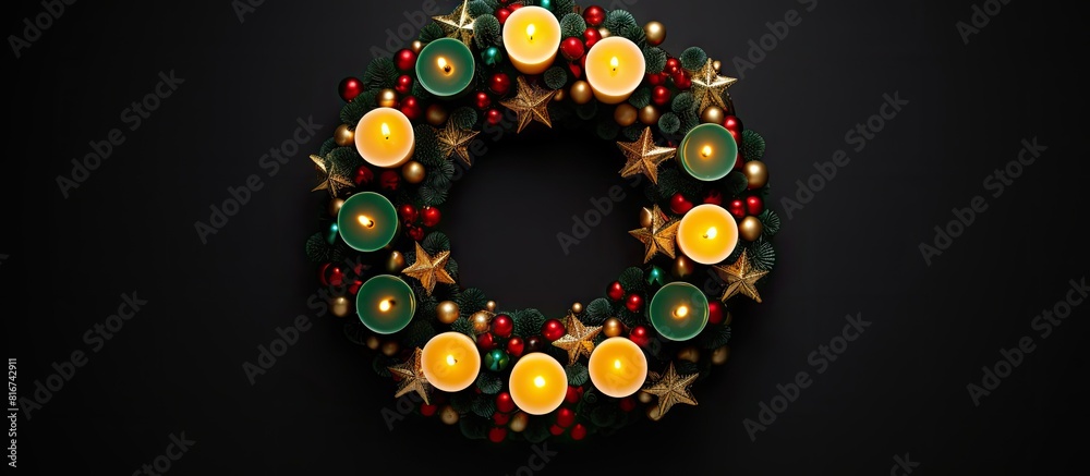 Top view of a festive round frame featuring red green and black candles adorned with yellow bows a stunning home decor arrangement exuding the spirit of Christmas and New Year This copy space image of Top view of a festive round frame featuring red green and black candles adorned with yellow bows a stunning home decor arrangement exuding the spirit of Christmas and New Year This copy space image of