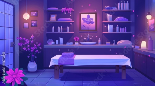 Salon, massage room equipment for body therapy and relaxation. Beauty cabinet interior set with modern massage table, tissues, sink, shelf, lamp, flower, pictures, modern cartoon illustration.