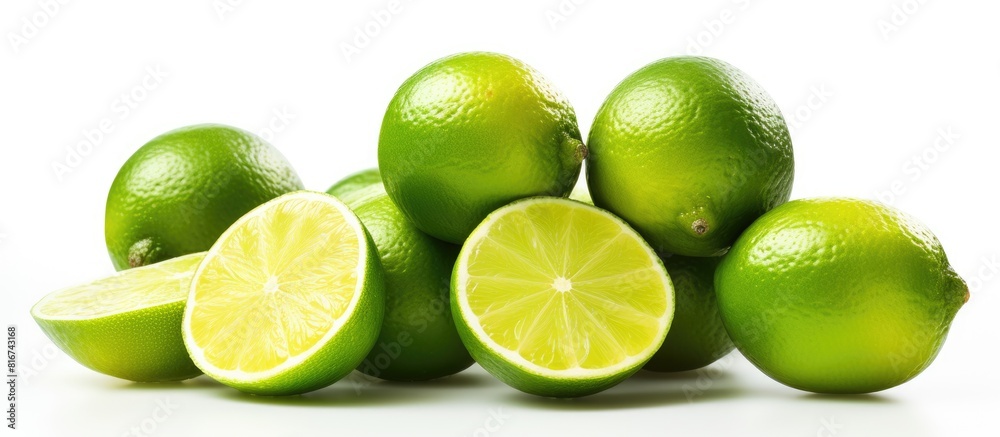 A copy space image of vibrant freshly picked limes contrasting against a clean white background