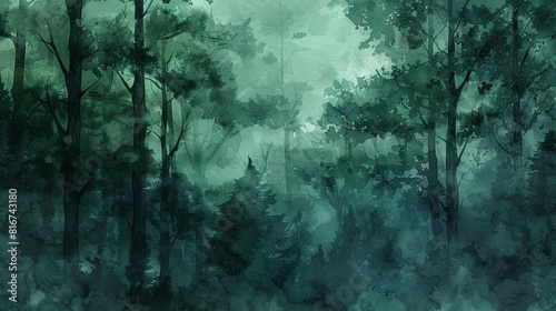 Moody Forest Watercolor A moody forest watercolor background with deep shades of green and hints of misty gray conveying the mysterious and enchanting atmosphere of a dense woodland shrouded in fog.