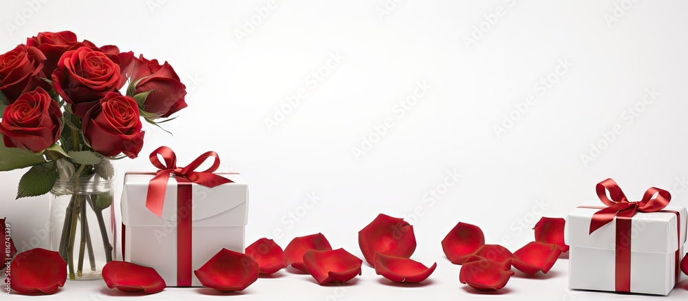 A Valentine s Day themed image featuring red roses hearts and gift boxes against a white background It has a mockup design with copy space for text A Valentine s Day themed image featuring red roses hearts and gift boxes against a white background It has a mockup design with copy space for text