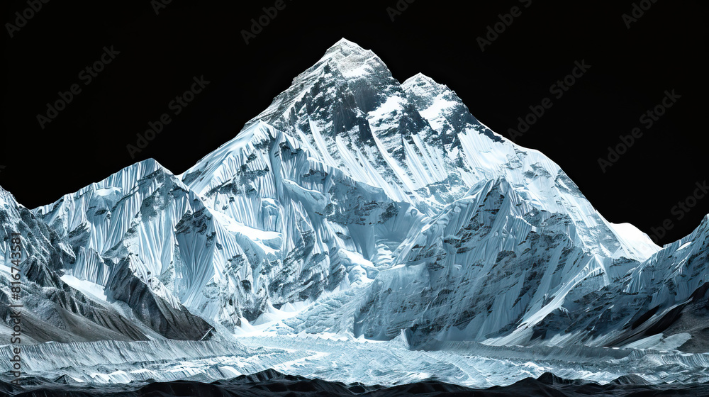 Obraz premium Technical visual mountain 3D LiDAR GIS aerial map, Mount Everest and Himalayas mountains scan isolated against dark black background. Mountainous environment. Mapping, elevation, topography, 