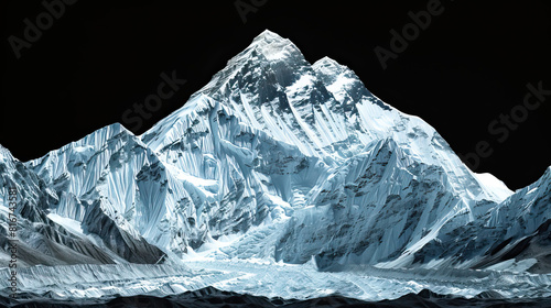 Technical visual mountain 3D LiDAR GIS aerial map, Mount Everest and Himalayas mountains scan isolated against dark black background. Mountainous environment. Mapping, elevation, topography,  © Goodwave Studio