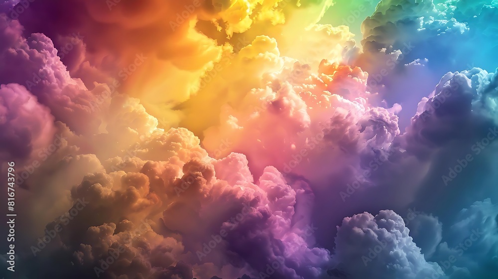 The image is a depiction of a cloudscape with a rainbow The image is a depiction of a cloudscape with a rainbow