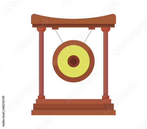 Vector illustration metal gong resting on a wooden stand against a white background