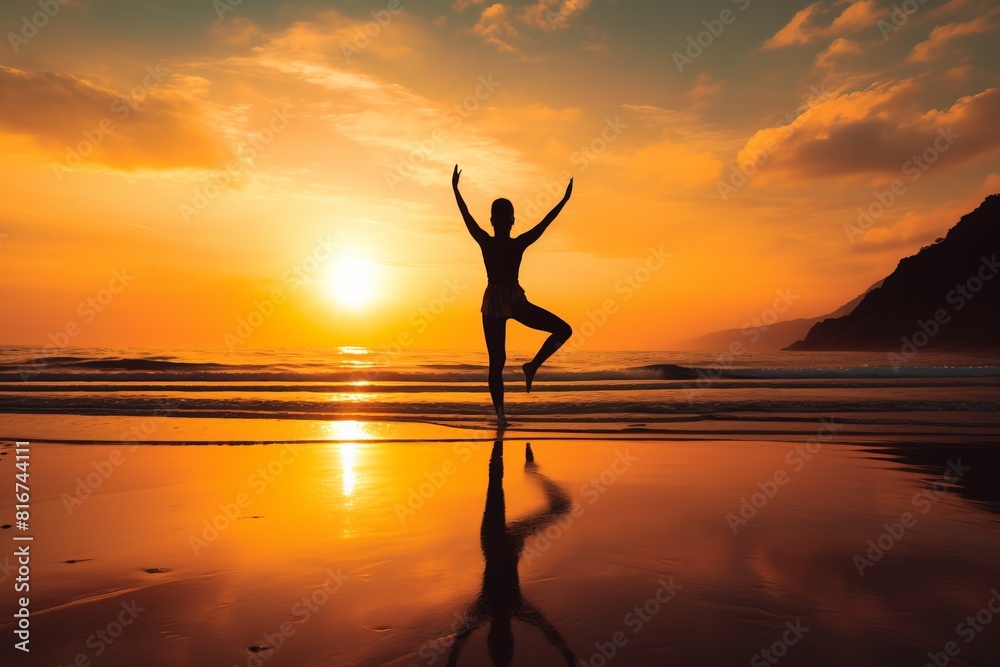 A woman is doing yoga on the beach at sunset