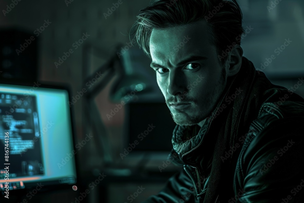 A focused young man in a dimly-lit room, intensely involved in checking his online banking portal late at night. A focused young man in a dimly-lit room, intensely involved in checking his online banking portal late at night.