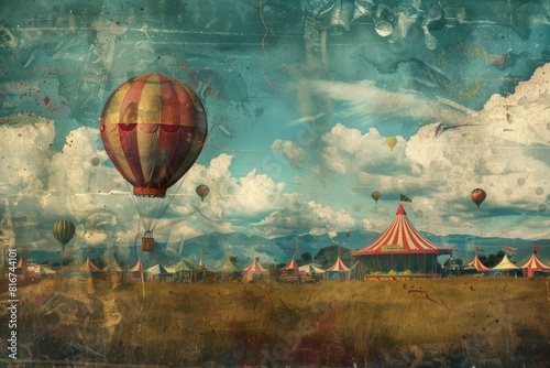 Dreamlike vintage scene with hot air balloons gently floating over an oldtime carnival photo