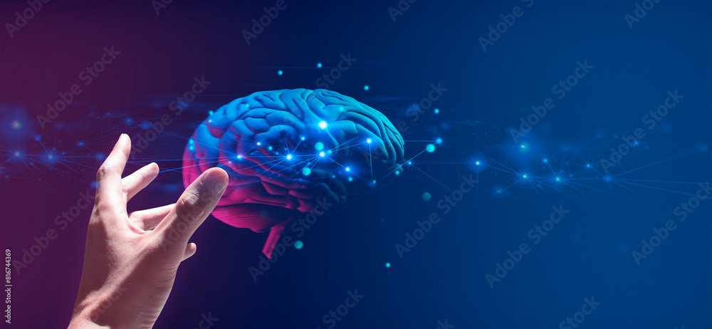 Obraz premium doctor hand holding a holographic of human brain in healthcare medical theme; a technology for science neuron cell network