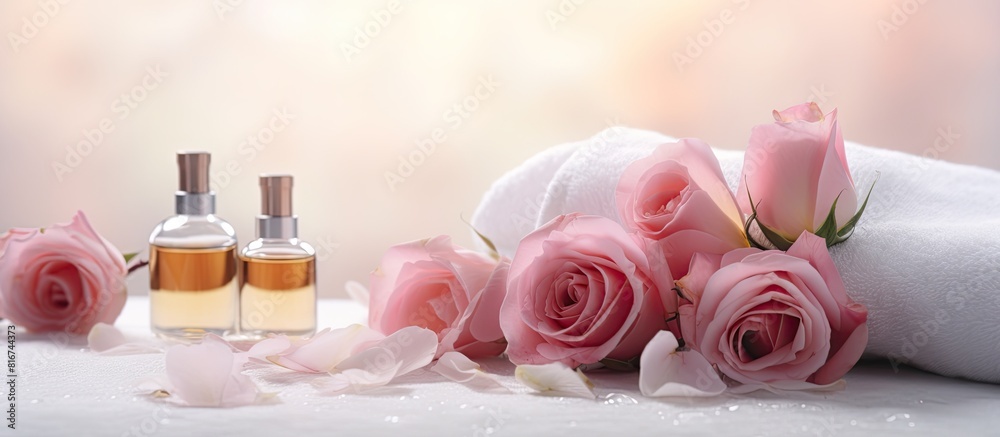 Copy space image of a stunning spa arrangement consisting of essential oil sea salt and rose placed on a white towel against a softly blurred backdrop Ample room for text Copy space image of a stunning spa arrangement consisting of essential oil sea salt and rose placed on a white towel against a softly blurred backdrop Ample room for text