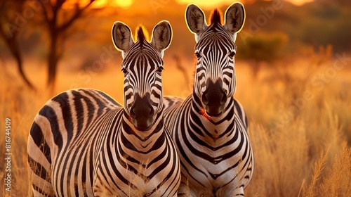 Two zebras standing in a field with the sun setting behind them