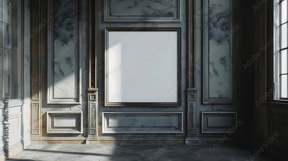 The photo shows an old room with a large empty frame on the wall