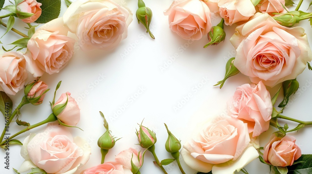 Pink Roses Arranged in a Circle, spring flowers on white background