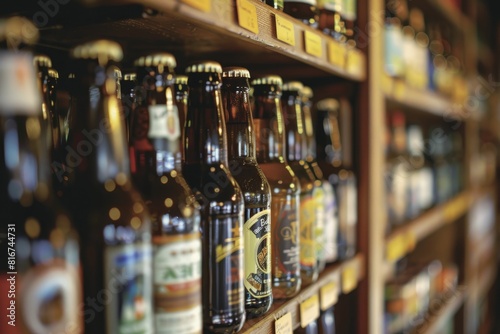 A collection of distinct beer bottles displayed in a row on a shelf