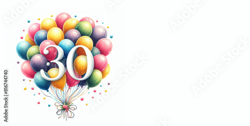 Watercolor balloons with the number 30 on a white background - Happy 30th birthday card with copy space to add text photo