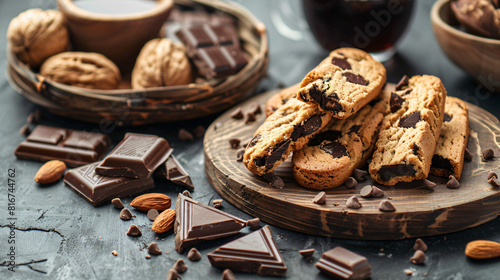 Composition with wooden board with tasty biscotti cookies