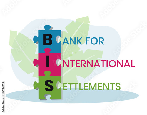 BIS, BANK FOR INTERNATIONAL SETTLEMENTS. Concept with keyword and icons. Flat vector illustration. Isolated on white.