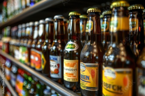 A row of colorful beer bottles neatly arranged on a shelf  showcasing various designs and labels