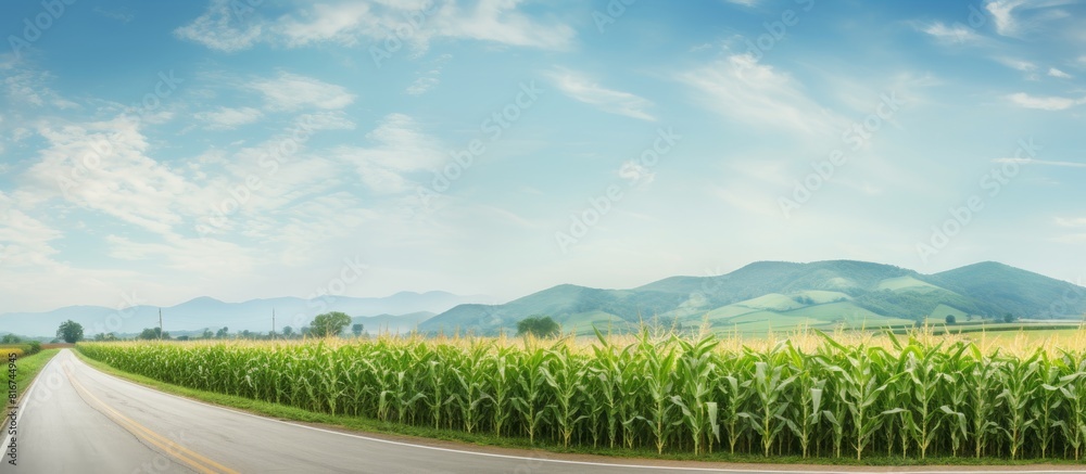 Fototapeta premium A scenic country road runs alongside an evenly lined row of exquisite corn creating a picturesque setting for a copy space image