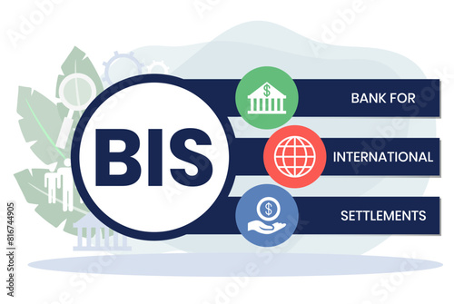 BIS, BANK FOR INTERNATIONAL SETTLEMENTS. Concept with keyword and icons. Flat vector illustration. Isolated on white.