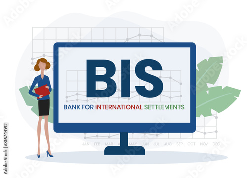 BIS, BANK FOR INTERNATIONAL SETTLEMENTS. Concept with keyword and icons. Flat vector illustration. Isolated on white.