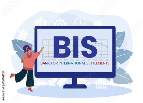 BIS, BANK FOR INTERNATIONAL SETTLEMENTS. Concept with keyword and icons. Flat vector illustration. Isolated on white.