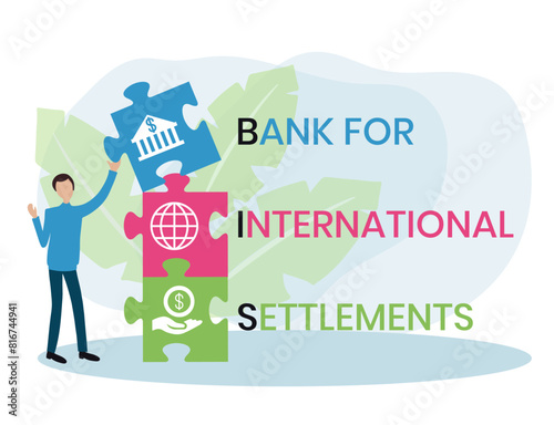 BIS, BANK FOR INTERNATIONAL SETTLEMENTS. Concept with keyword and icons. Flat vector illustration. Isolated on white.
