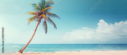 A serene summer beach scene with palm tree against a backdrop of blue sky and clouds featuring copy space and minimalistic pastel tones accentuated by a softly blurred background